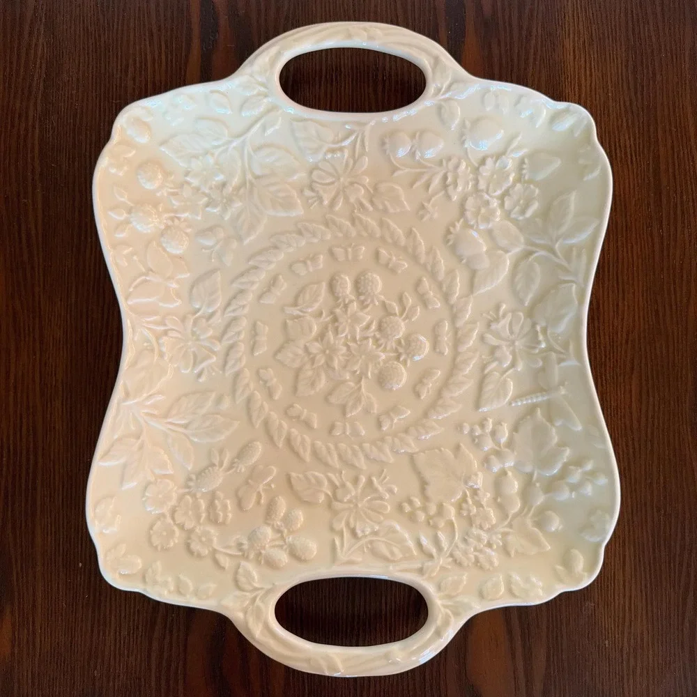Vintage English Meadow Embossed Floral Ceramic Platter, Julia Bullmore